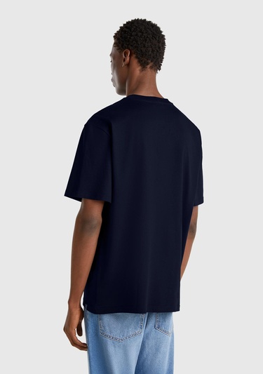  Erkek Lacivert %100 Pamuk Çok Renkli Logolu Oversize Bisiklet Yaka T-Shirt