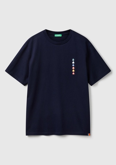  Erkek Lacivert %100 Pamuk Çok Renkli Logolu Oversize Bisiklet Yaka T-Shirt