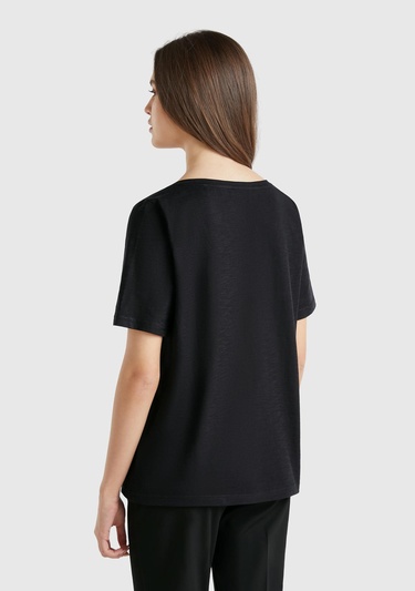  Kadın Siyah %100 Koton V Yaka Slub T-Shirt