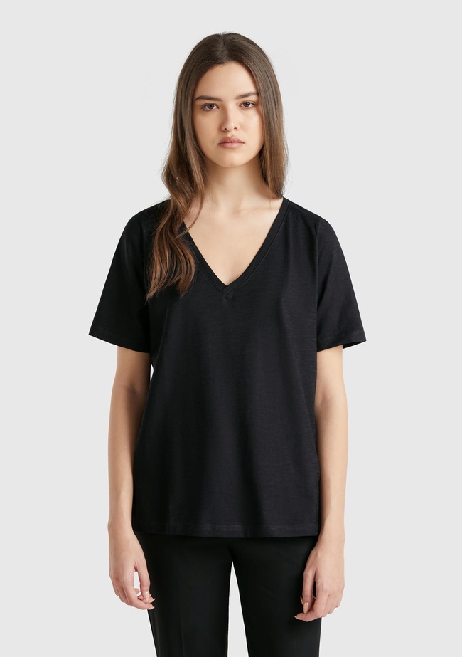  Kadın Siyah %100 Koton V Yaka Slub T-Shirt