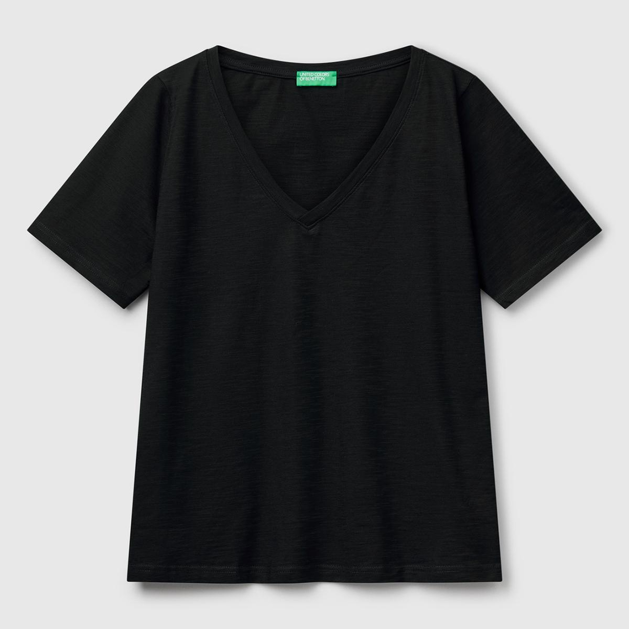 Kadın Siyah %100 Koton V Yaka Slub T-Shirt