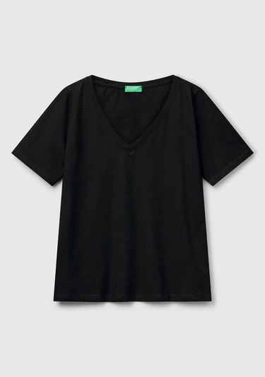  Kadın Siyah %100 Koton V Yaka Slub T-Shirt