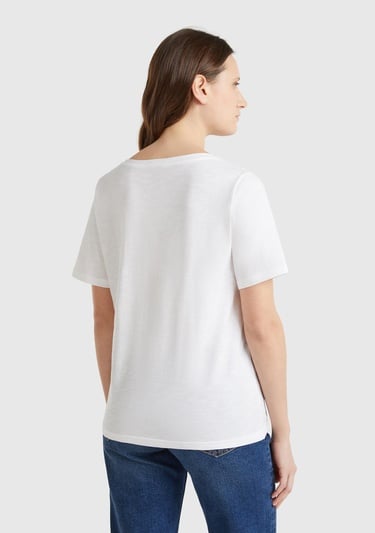  Kadın Beyaz %100 Koton V Yaka Slub T-Shirt