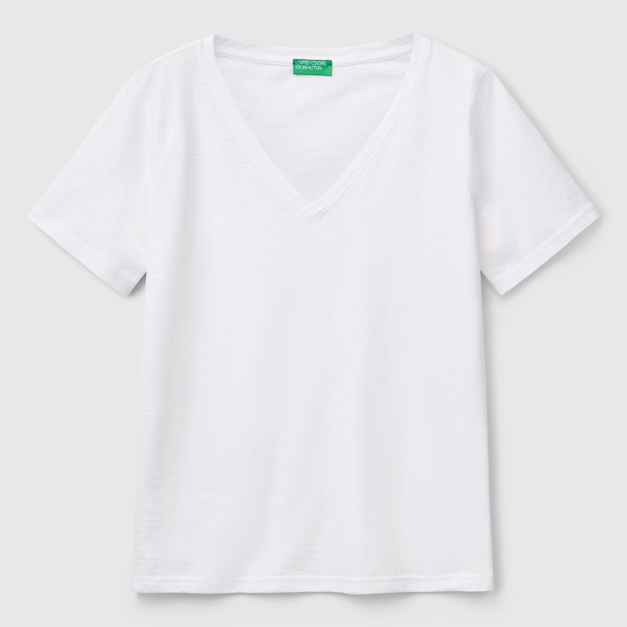 Kadın Beyaz %100 Koton V Yaka Slub T-Shirt