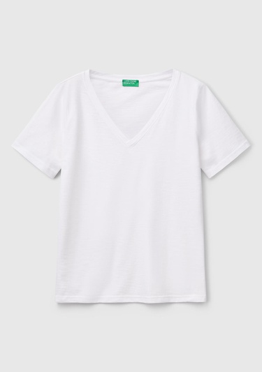  Kadın Beyaz %100 Koton V Yaka Slub T-Shirt