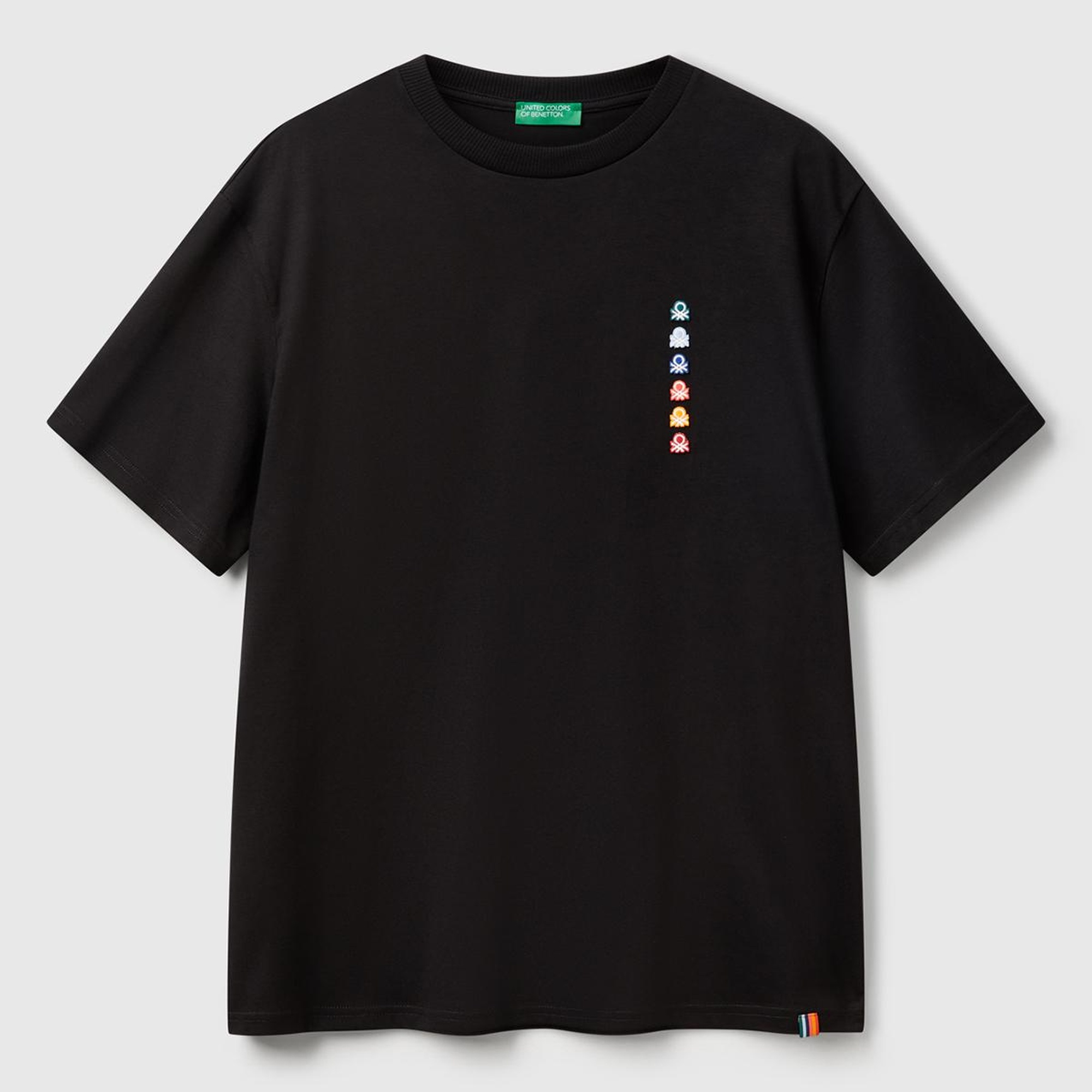 Erkek Siyah %100 Pamuk Çok Renkli Logolu Oversize Bisiklet Yaka T-Shirt