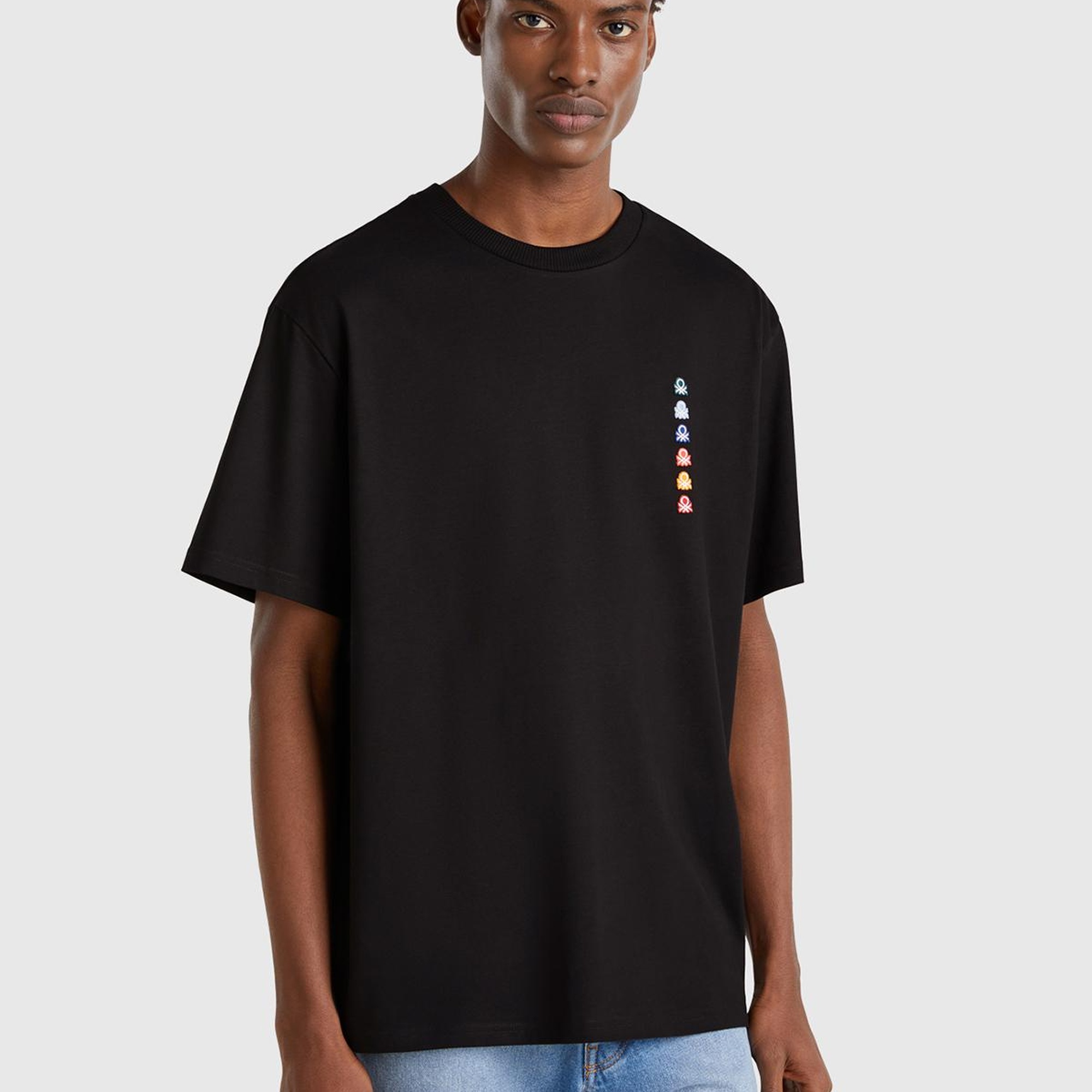 Erkek Siyah %100 Pamuk Çok Renkli Logolu Oversize Bisiklet Yaka T-Shirt