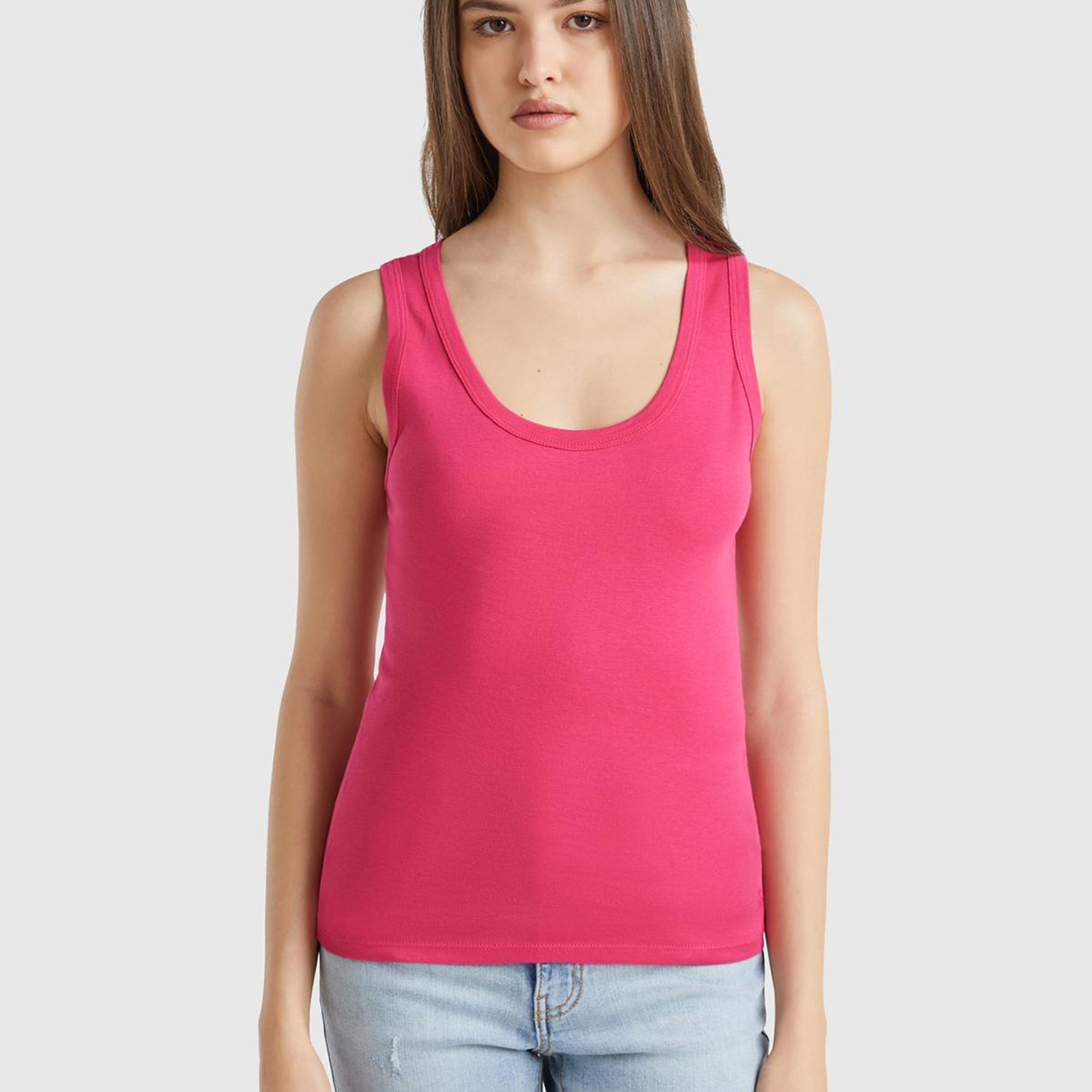 Kadın Fuşya %100 Pamuk Ucu Logo İşlemeli Slim Fit Yuvarlak Yaka Atlet