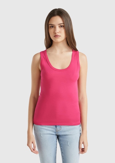  Kadın Fuşya %100 Pamuk Ucu Logo İşlemeli Slim Fit Yuvarlak Yaka Atlet