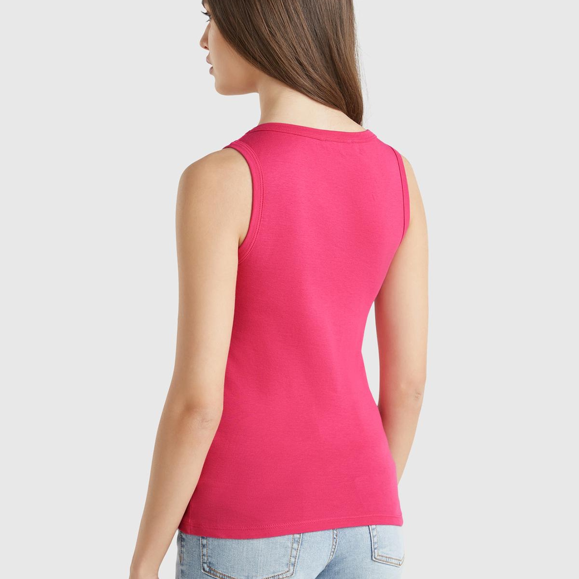 Kadın Fuşya %100 Pamuk Ucu Logo İşlemeli Slim Fit Yuvarlak Yaka Atlet