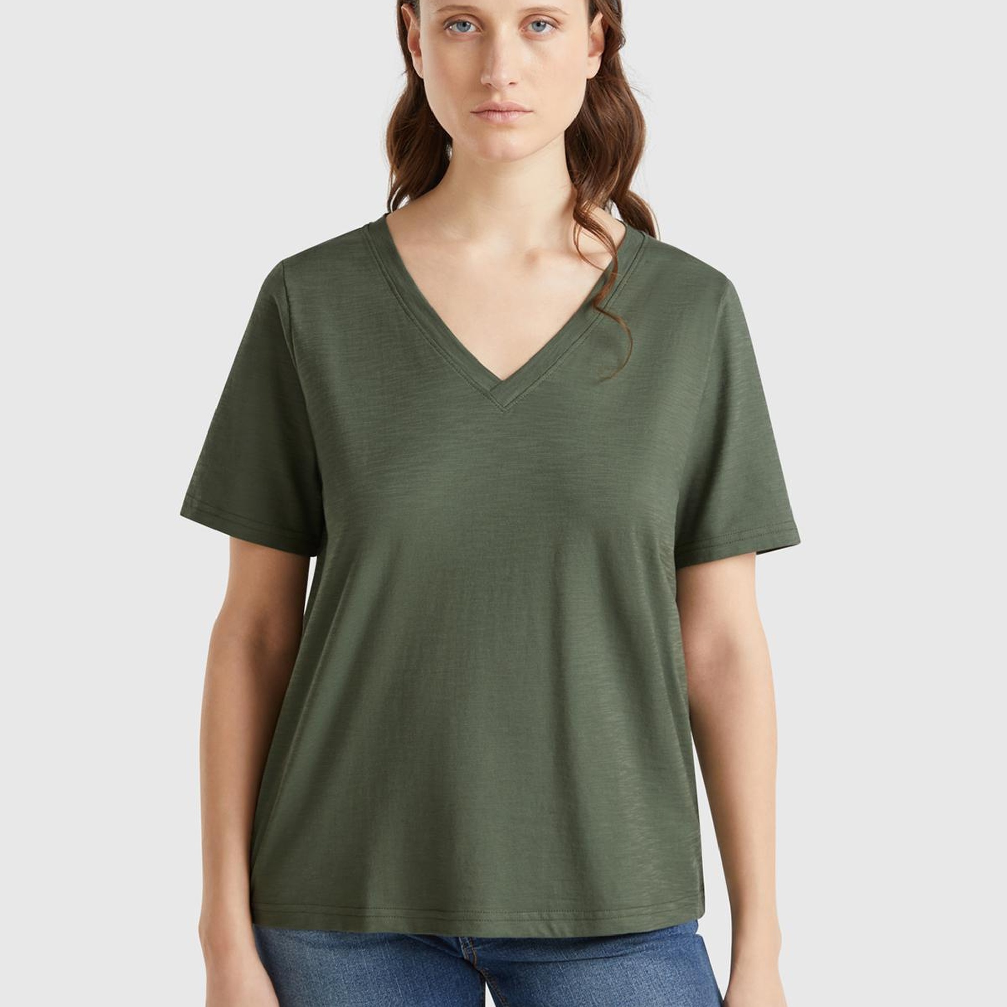 Kadın Haki %100 Koton V Yaka Slub T-Shirt