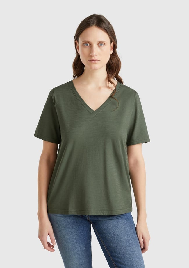  Kadın Haki %100 Koton V Yaka Slub T-Shirt