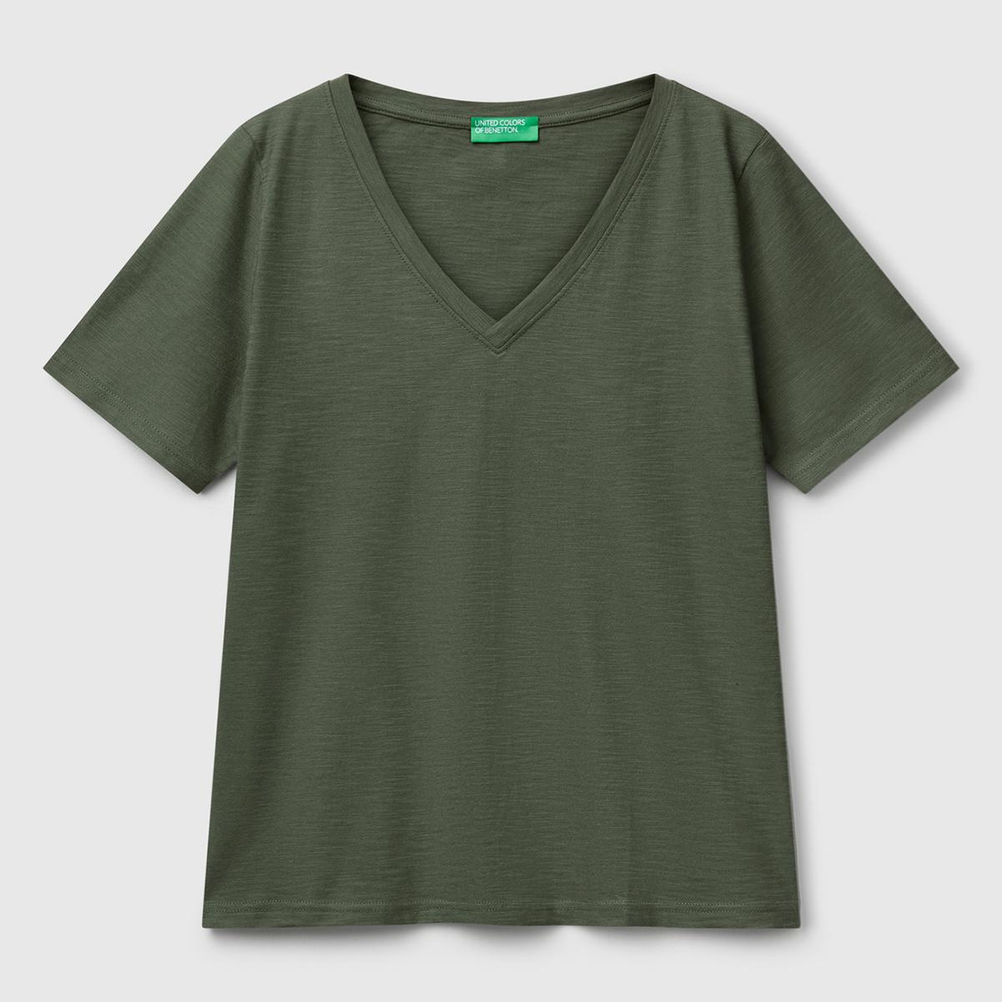 Kadın Haki %100 Koton V Yaka Slub T-Shirt