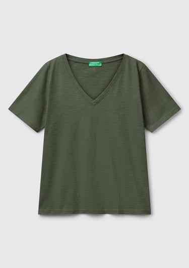  Kadın Haki %100 Koton V Yaka Slub T-Shirt