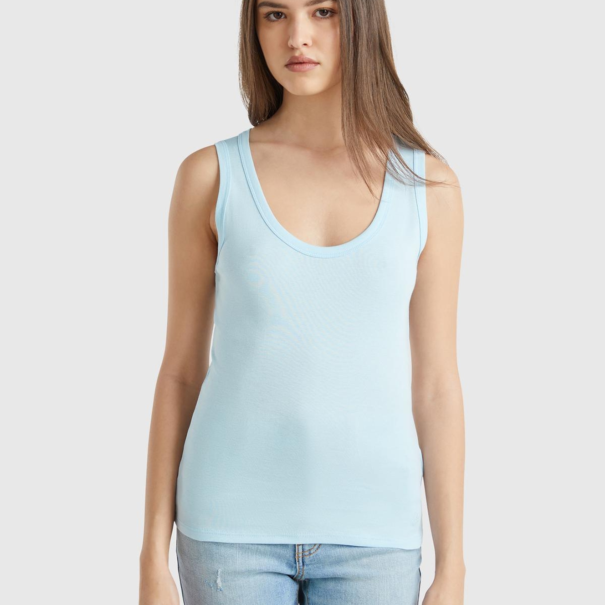 Kadın Açık Mavi %100 Pamuk Ucu Logo İşlemeli Slim Fit Yuvarlak Yaka Atlet