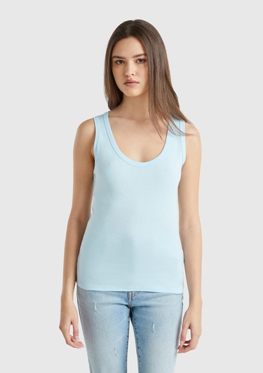  Kadın Açık Mavi %100 Pamuk Ucu Logo İşlemeli Slim Fit Yuvarlak Yaka Atlet