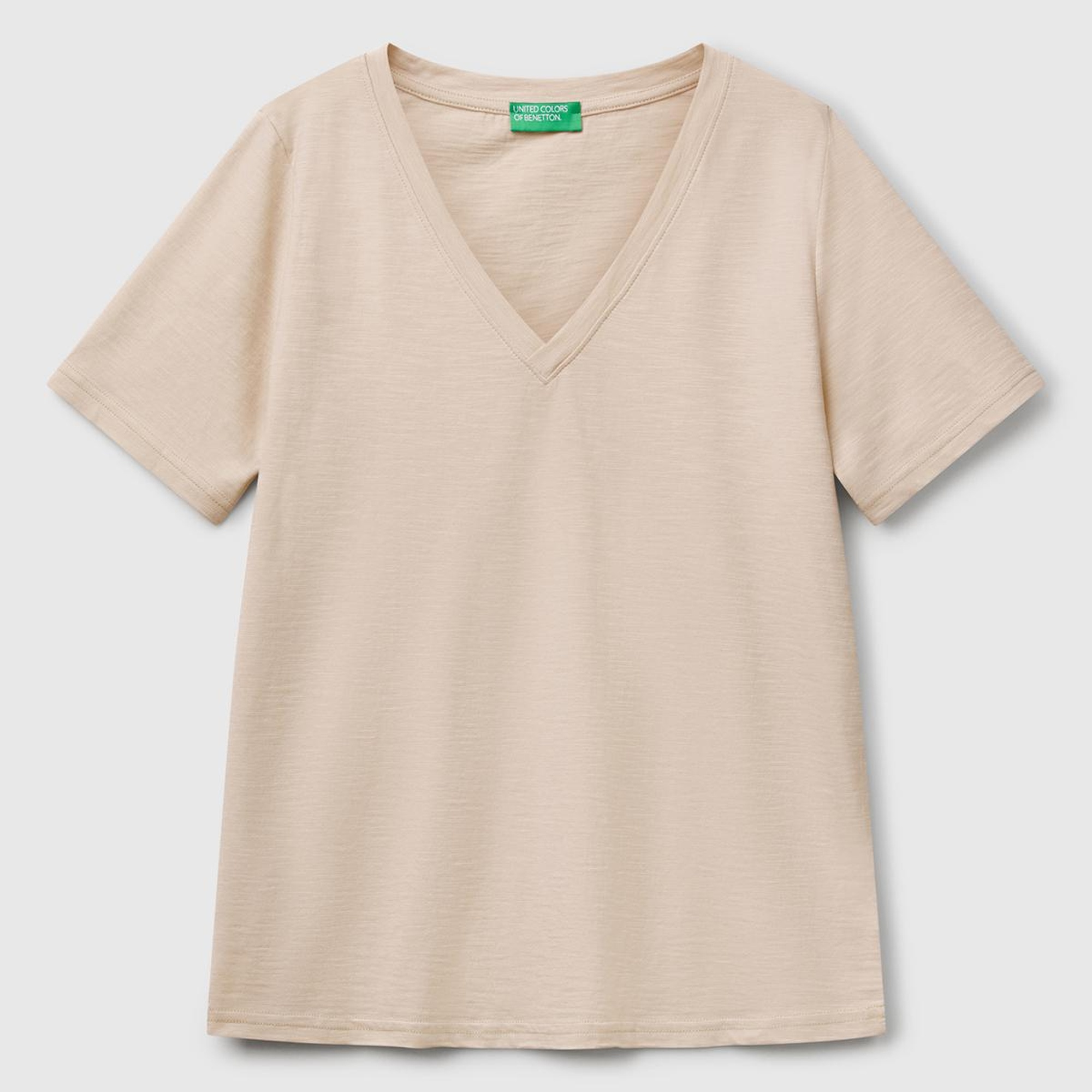 Kadın Bej %100 Koton V Yaka Slub T-Shirt