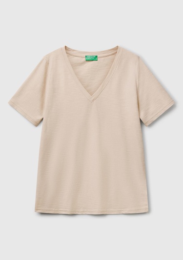  Kadın Bej %100 Koton V Yaka Slub T-Shirt