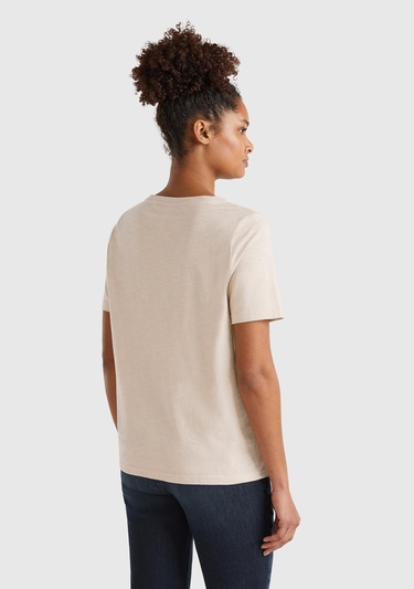  Kadın Bej %100 Koton V Yaka Slub T-Shirt