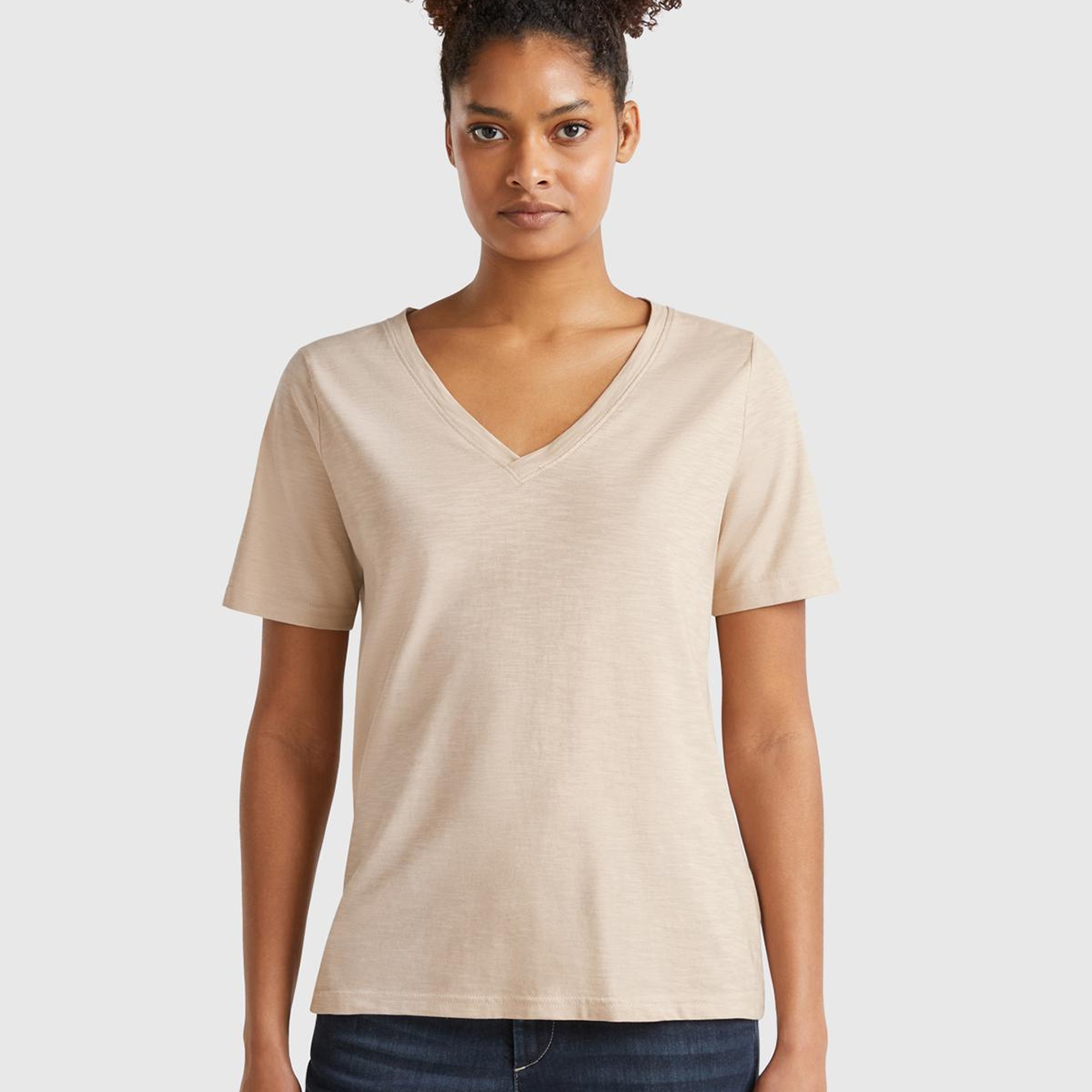 Kadın Bej %100 Koton V Yaka Slub T-Shirt