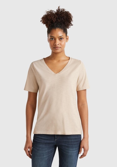  Kadın Bej %100 Koton V Yaka Slub T-Shirt