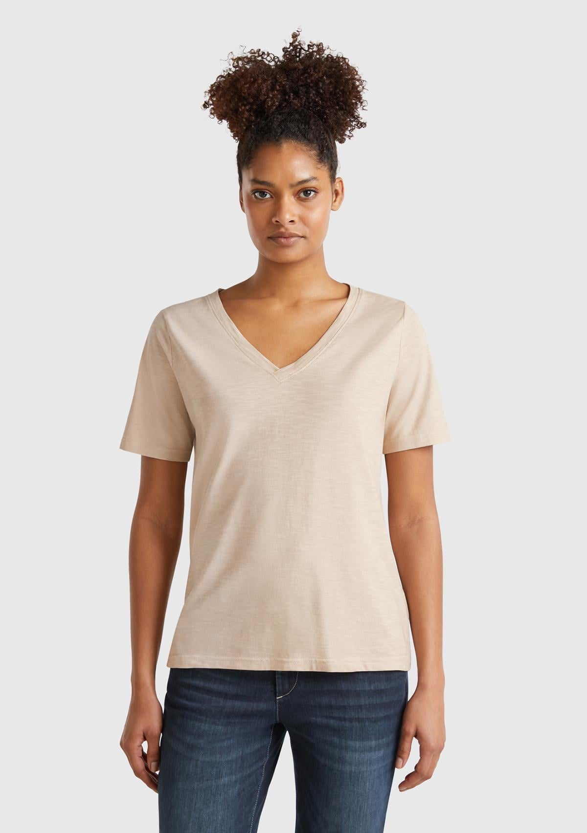  Kadın Bej %100 Koton V Yaka Slub T-Shirt