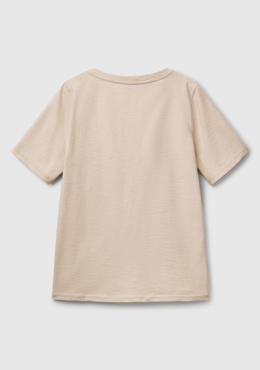  Kadın Bej %100 Koton V Yaka Slub T-Shirt