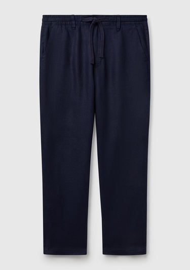  Erkek Lacivert %100 Keten Beli İpli Pantolon