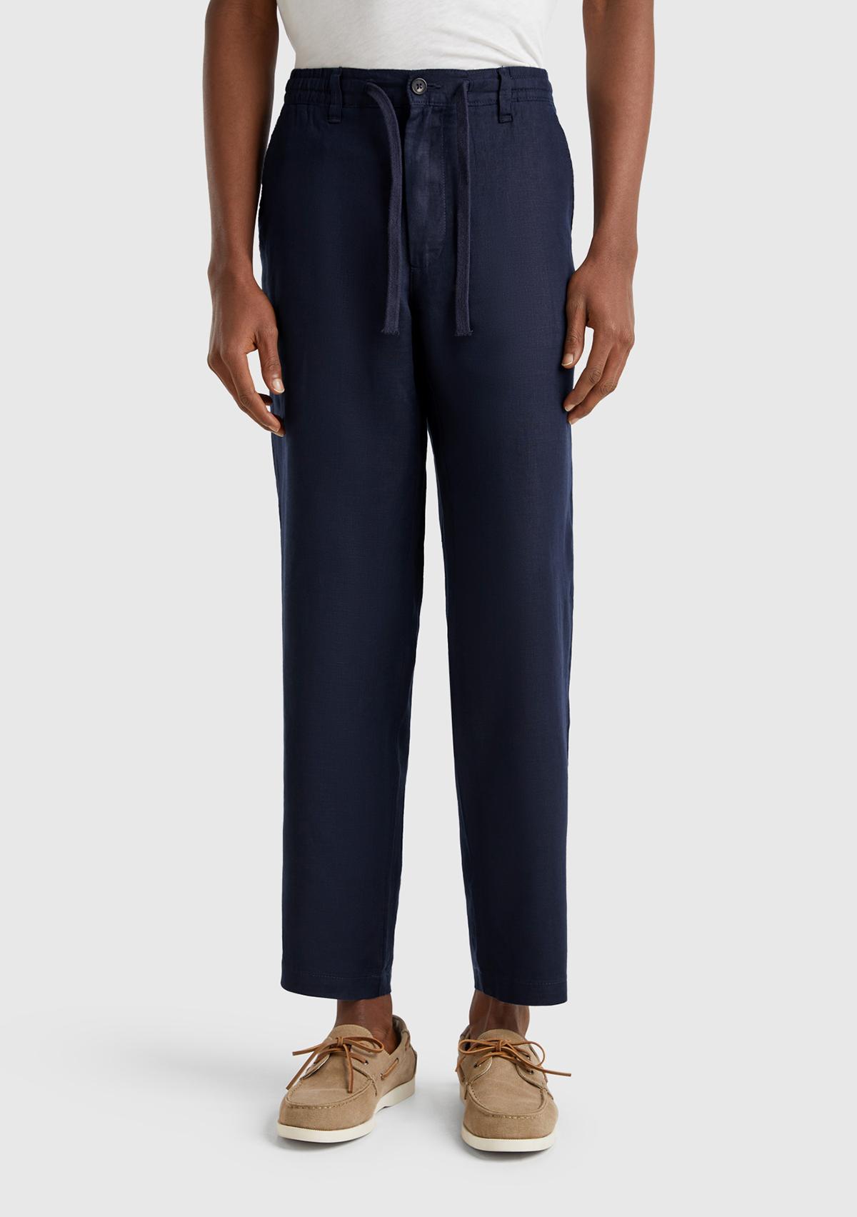  Erkek Lacivert %100 Keten Beli İpli Pantolon