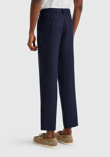  Erkek Lacivert %100 Keten Beli İpli Pantolon
