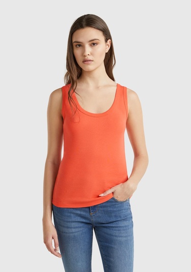  Kadın Turuncu %100 Pamuk Ucu Logo İşlemeli Slim Fit Yuvarlak Yaka Atlet