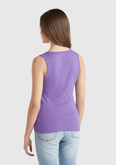  Kadın Mor %100 Pamuk Ucu Logo İşlemeli Slim Fit Yuvarlak Yaka Atlet