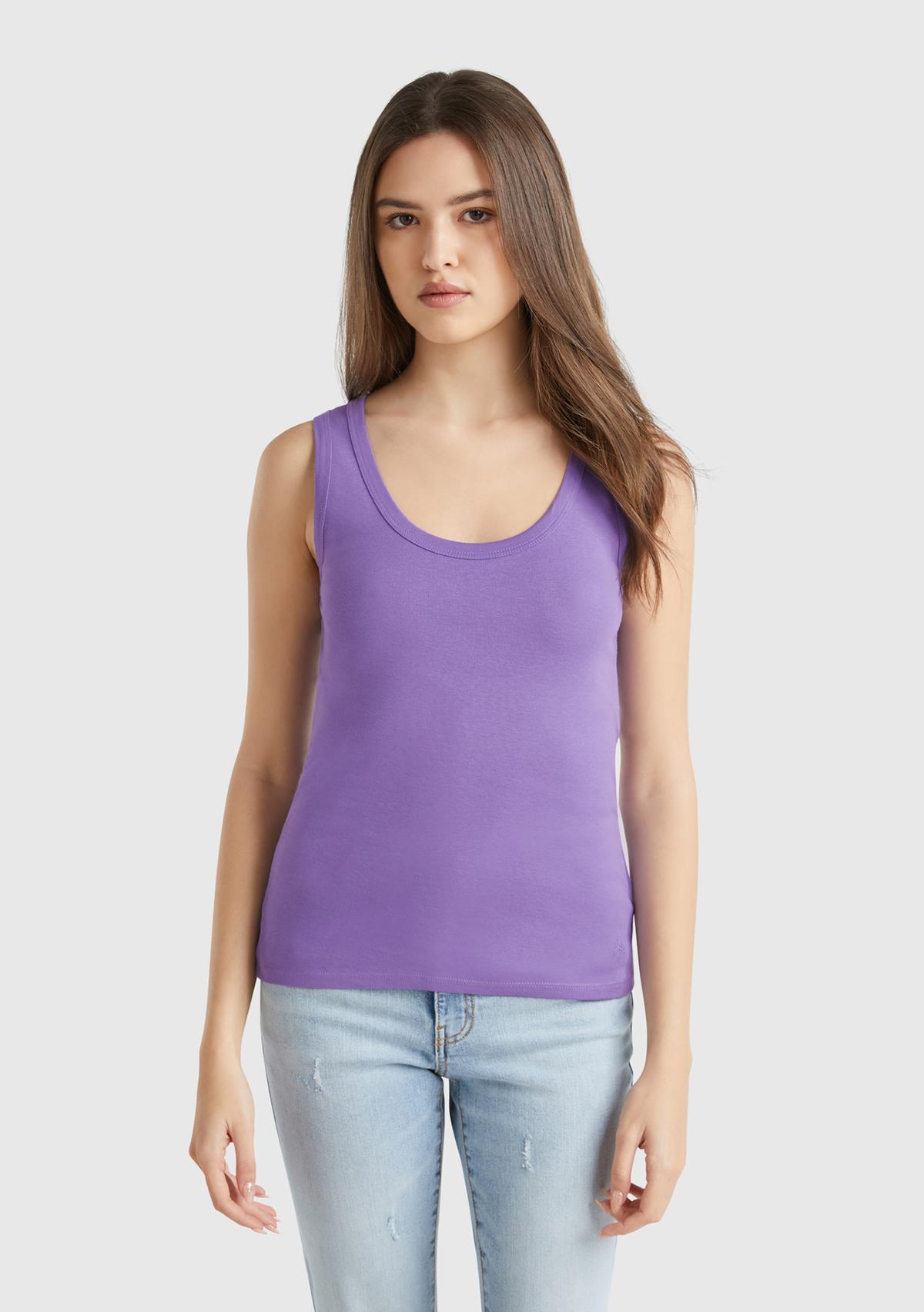  Kadın Mor %100 Pamuk Ucu Logo İşlemeli Slim Fit Yuvarlak Yaka Atlet