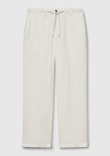  Erkek Beyaz %100 Keten Beli İpli Pantolon