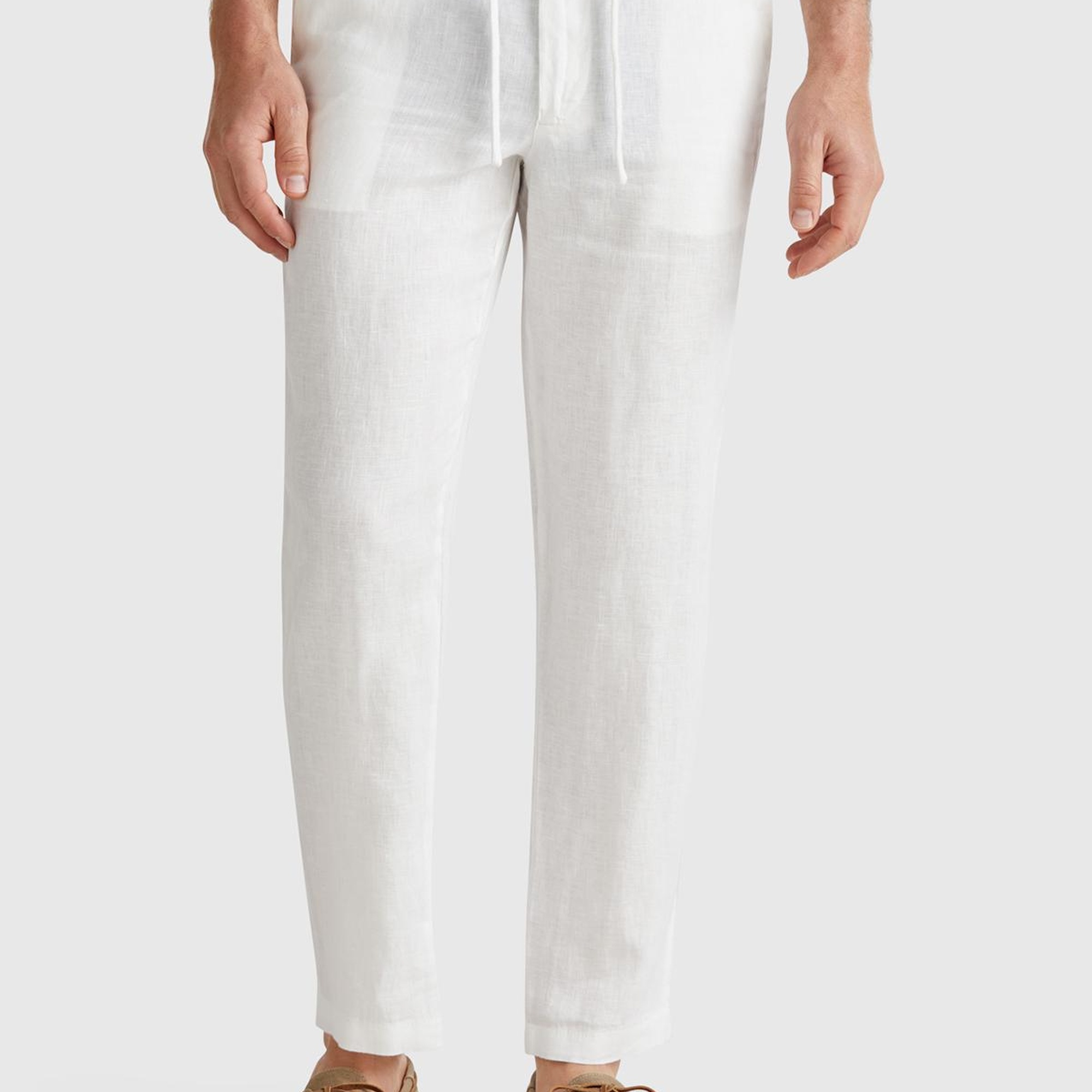 Erkek Beyaz %100 Keten Beli İpli Pantolon