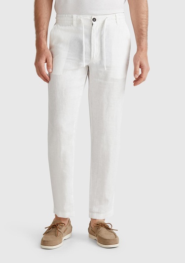  Erkek Beyaz %100 Keten Beli İpli Pantolon
