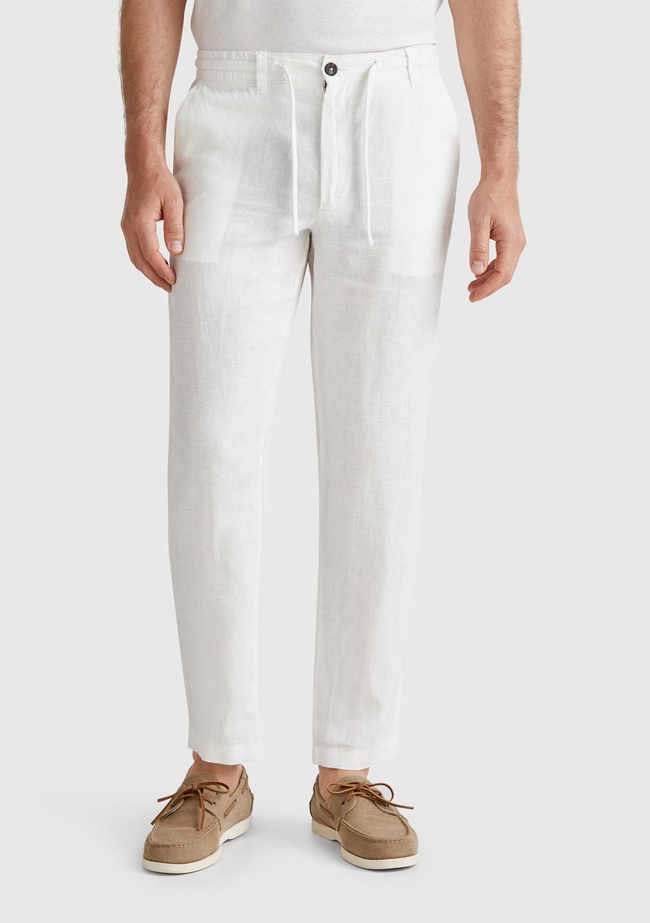  Erkek Beyaz %100 Keten Beli İpli Pantolon