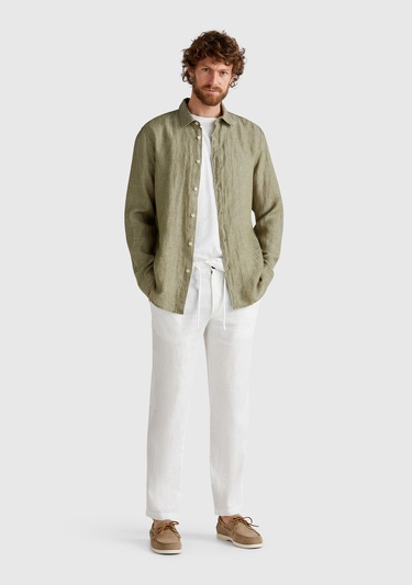  Erkek Beyaz %100 Keten Beli İpli Pantolon