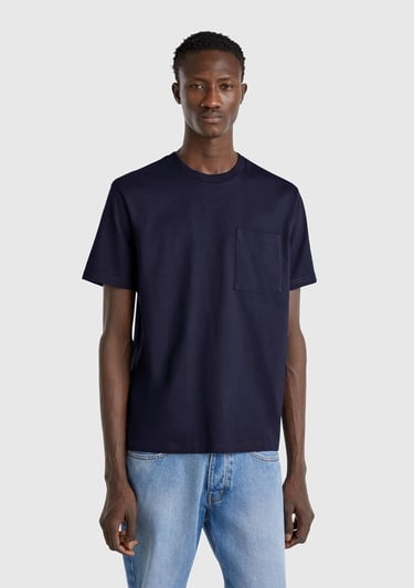  Erkek Lacivert %100 Pamuk Yama Cep Detaylı Oversize T-Shirt