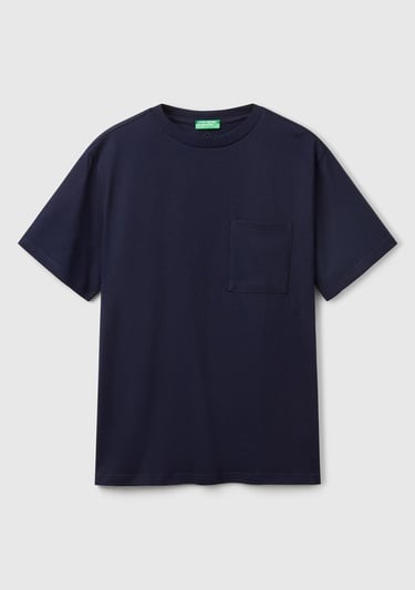  Erkek Lacivert %100 Pamuk Yama Cep Detaylı Oversize T-Shirt