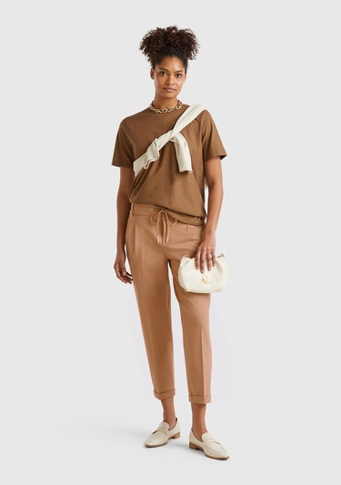  Kadın Bej  Beli Lastikli Pantolon