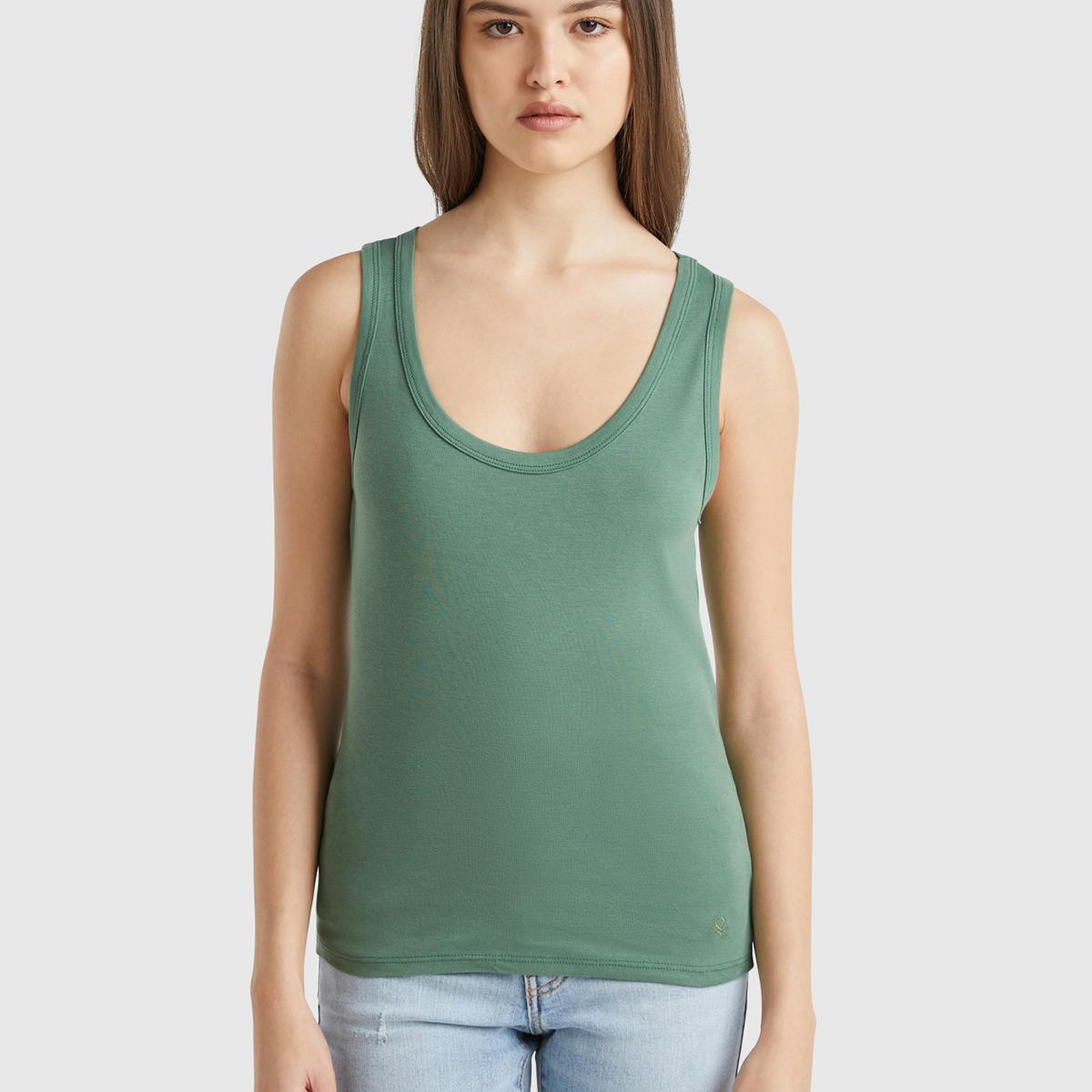 Kadın Açık Yeşil %100 Pamuk Ucu Logo İşlemeli Slim Fit Yuvarlak Yaka Atlet