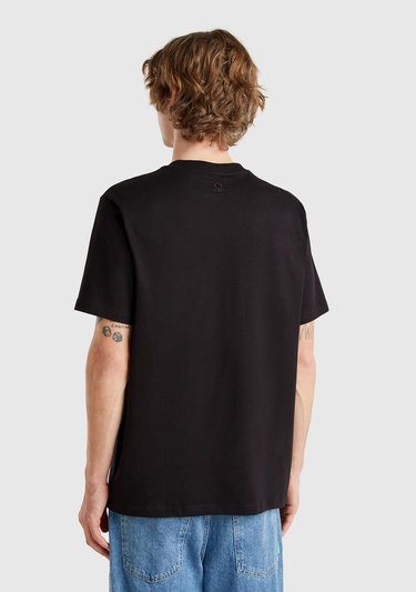  Erkek Siyah %100 Pamuk Yama Cep Detaylı Oversize T-Shirt