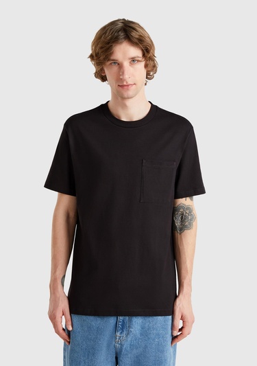  Erkek Siyah %100 Pamuk Yama Cep Detaylı Oversize T-Shirt