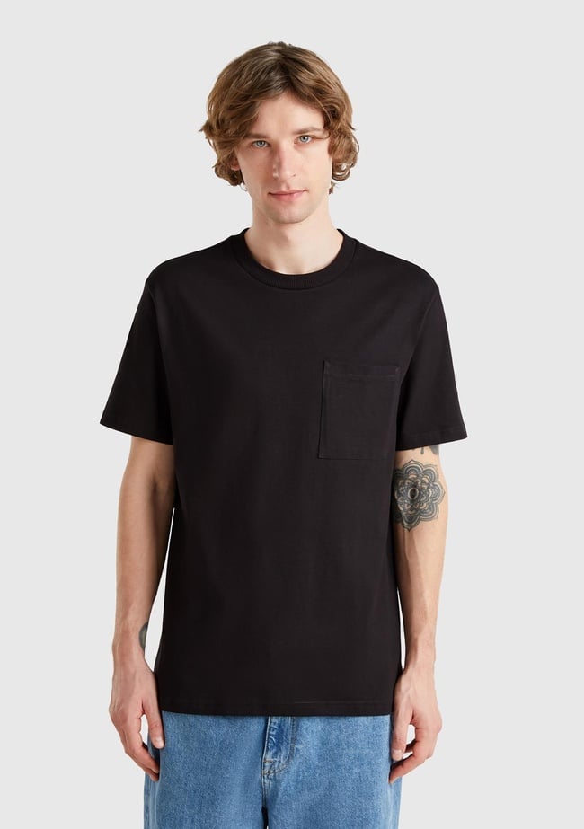  Erkek Siyah %100 Pamuk Yama Cep Detaylı Oversize T-Shirt