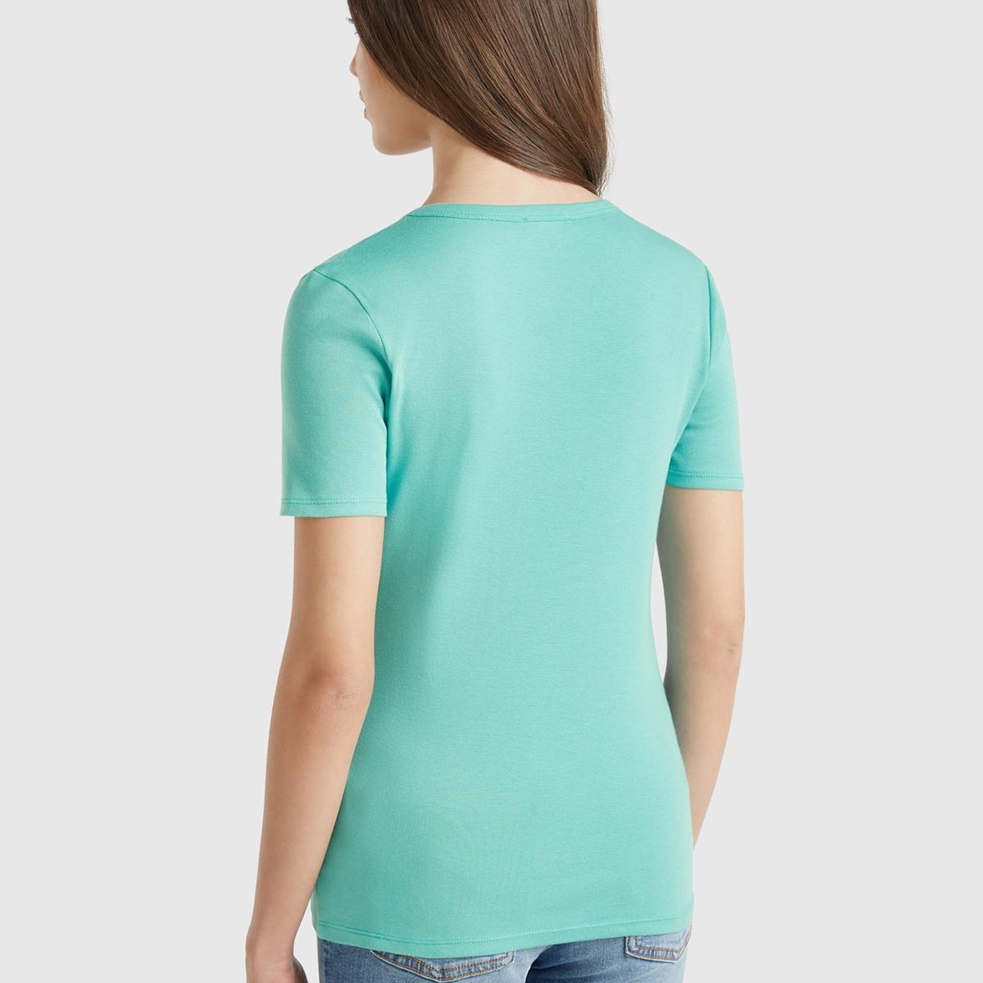 Kadın Buz Mavisi %100 Koton Basic Kısa Kollu Bisiklet Yaka T-Shirt