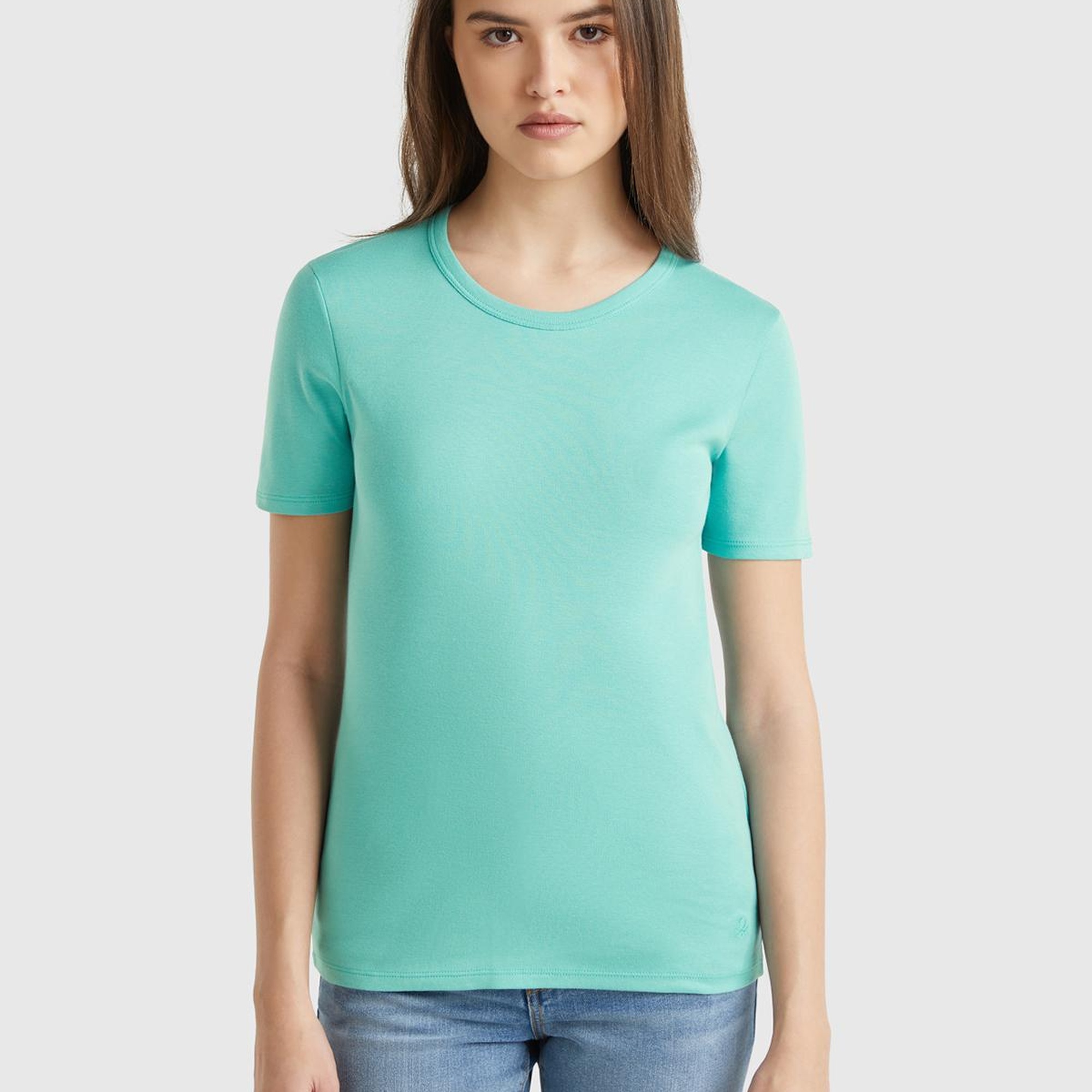 Kadın Buz Mavisi %100 Koton Basic Kısa Kollu Bisiklet Yaka T-Shirt