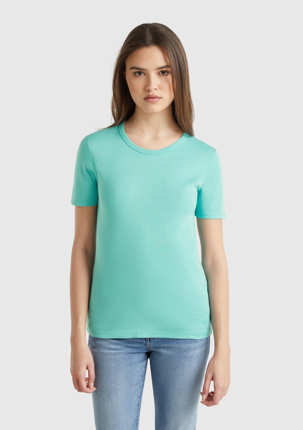  Kadın Buz Mavisi %100 Koton Basic Kısa Kollu Bisiklet Yaka T-Shirt