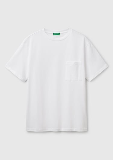  Erkek Beyaz %100 Pamuk Yama Cep Detaylı Oversize T-Shirt