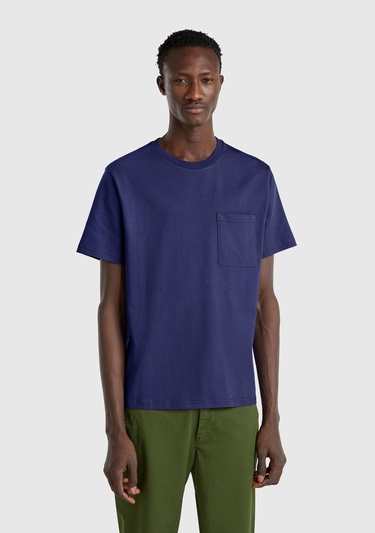  Erkek Lavanta Mavisi %100 Pamuk Yama Cep Detaylı Oversize T-Shirt